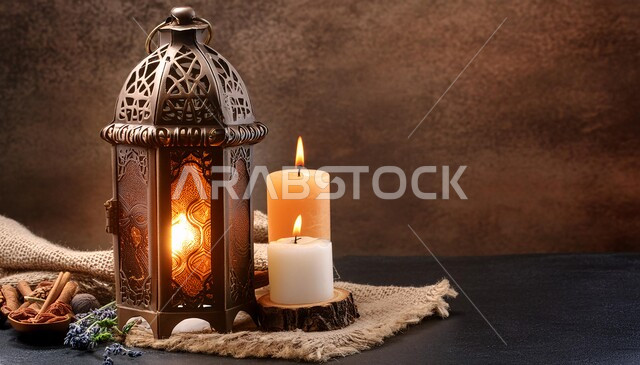 زينة وديكورات الاحتفال بالمناسبات والأعياد الدينية الإسلامية، الاستعداد و التحضير لاستقبال شهر رمضان المبارك, فانوس معدني مزخرف مضيء، إضاءة و أنوار تقليدية شعبية, خلفية بني