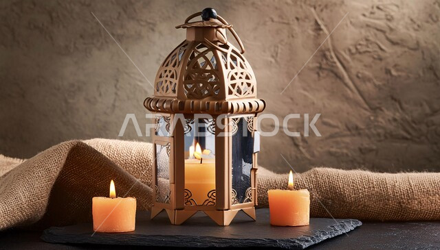 إضاءة و أنوار تقليدية شعبية، زينة وديكورات الاحتفال بالمناسبات والأعياد الدينية الإسلامية، الاستعداد و التحضير لاستقبال شهر رمضان المبارك, فانوس معدني مزخرف مضيء، خلفية بني