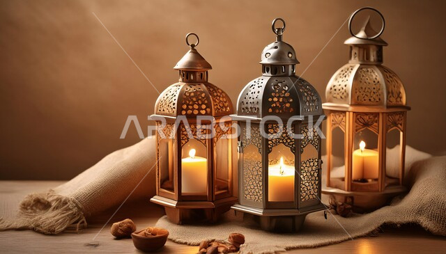 مجموعه من الفوانيس العربية التقليدية المعدنية المزخرفة المضيئة, مصابيح و تحف إسلامية, الاحتفال بقدوم شهر الخير، ديكورات و زينة رمضان المبارك, خلفية بيج