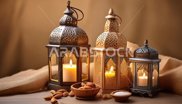 Celebrating the advent of the month of goodness, a group of traditional Arabic metal decorative lanterns, Islamic lamps and antiques, decorations and decorations for the blessed Ramadan, beige background
