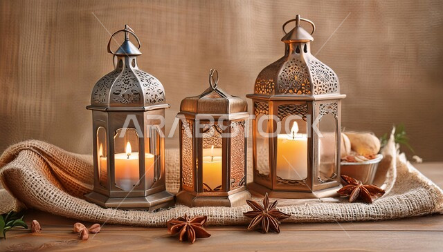 مجموعه من الفوانيس العربية التقليدية المعدنية المزخرفة المضيئة, مصابيح و تحف إسلامية, الاحتفال بقدوم شهر الخير، ديكورات و زينة رمضان المبارك, خلفية بيج