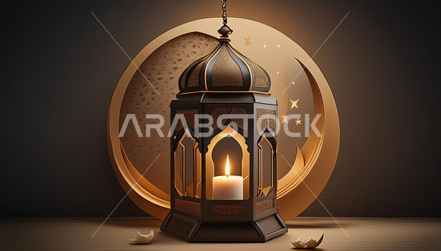 الاحتفال بالمناسبات والأعياد الدينية الإسلامية, البهجة بقدوم شهر الخير، الأجواء الروحانية المتميزة، زينة وديكورات رمضان المبارك, فانوس معدني تقليدي مزخرف, خلفية سوداء