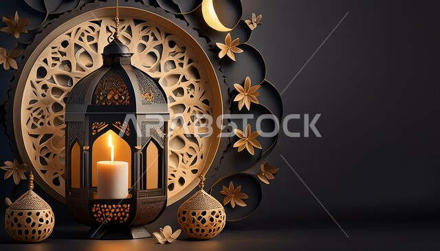 البهجة بقدوم شهر الخير، الأجواء الروحانية المتميزة، الاحتفال بالمناسبات والأعياد الدينية الإسلامية، زينة وديكورات رمضان المبارك, فانوس معدني تقليدي مزخرف, خلفية سوداء