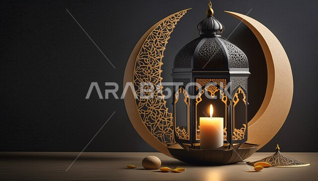 Celebrating Islamic religious occasions and holidays, a traditional metal lantern decorated with a crescent moon, traditional Arabic lamps and lights, decorations for the blessed Ramadan, the joy of the coming of the month of goodness, the distinct spiritual atmosphere, a black background