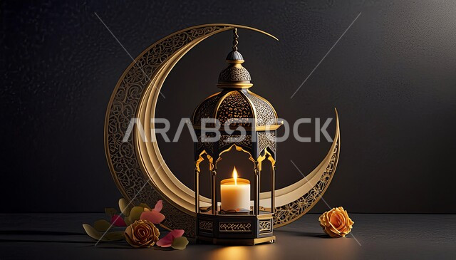 The distinct spiritual atmosphere, celebration of Islamic religious occasions and holidays, a traditional metal lantern decorated with a crescent, traditional Arabic lamps and lights, decorations and decorations for the blessed Ramadan, the joy of the arrival of the month of goodness, a black background