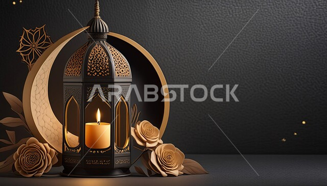 البهجة بقدوم شهر الخير، الأجواء الروحانية المتميزة، الاحتفال بالمناسبات والأعياد الدينية الإسلامية, فانوس معدني تقليدي مزخرف مع هلال, مصابيح و أضواء عربية تقليدية, زينة و ديكورات رمضان المبارك, خلفية سوداء