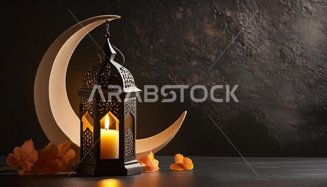 زينة و ديكورات رمضان المبارك, البهجة بقدوم شهر الخير، الأجواء الروحانية المتميزة، الاحتفال بالمناسبات والأعياد الدينية الإسلامية, فانوس معدني تقليدي مزخرف مع هلال, مصابيح و أضواء عربية تقليدية, خلفية سوداء