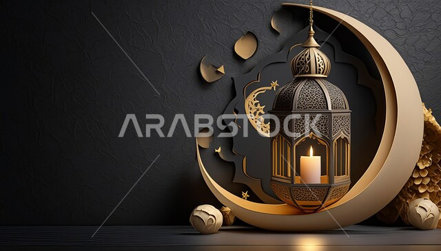 مصابيح و أضواء عربية تقليدية, زينة و ديكورات رمضان المبارك, البهجة بقدوم شهر الخير، الأجواء الروحانية المتميزة، الاحتفال بالمناسبات والأعياد الدينية الإسلامية, فانوس معدني تقليدي مزخرف مع هلال, خلفية سوداء