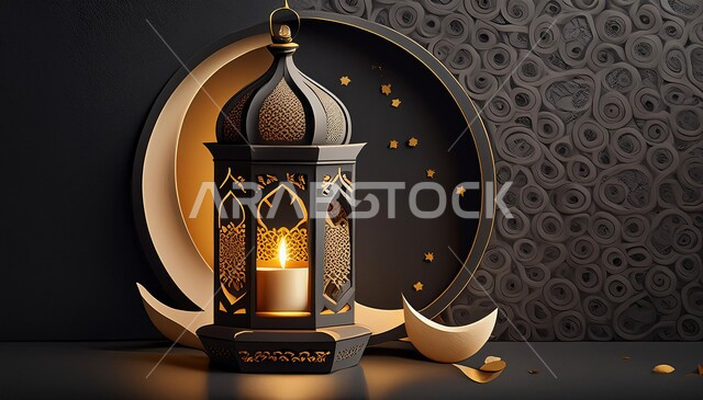 التصاميم و الديكورات الرمضانية المميزة, الأجواء الروحانية في شهر الخير, الاحتفال بالأعياد و المناسبات الدينية, زينة و أضواء على الطراز الإسلامي, البهجة بقدوم رمضان المبارك, فانوس معدني تقليدي مزخرف مع هلال, خلفية سوداء