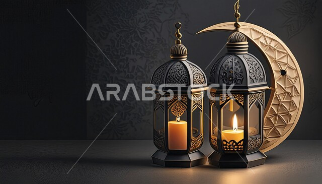 التصاميم و الديكورات الرمضانية المميزة, الأجواء الروحانية في شهر الخير, الاحتفال بالأعياد و المناسبات الدينية, زينة و أضواء على الطراز الإسلامي, البهجة بقدوم رمضان المبارك, فانوس معدني تقليدي مزخرف مع هلال, خلفية سوداء