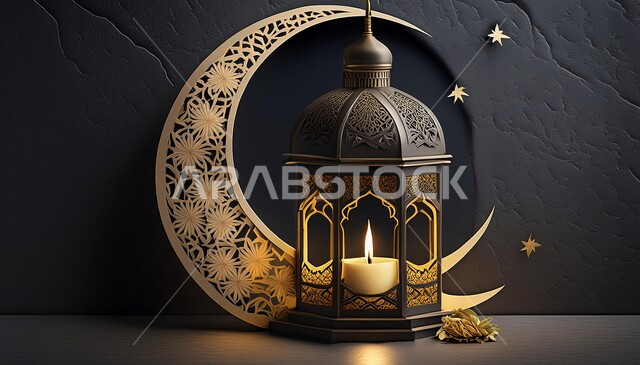The joy of the advent of the blessed Ramadan, distinctive Ramadan designs and decorations, the spiritual atmosphere in the month of goodness, celebration of holidays and religious occasions, Islamic-style decorations and lights, a traditional metal lantern decorated with a crescent, black background