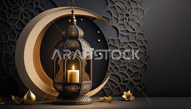 زينة و أضواء على الطراز الإسلامي, التصاميم و الديكورات الرمضانية المميزة, الأجواء الروحانية في شهر الخير, الاحتفال بالأعياد و المناسبات الدينية, البهجة بقدوم رمضان المبارك, فانوس معدني تقليدي مزخرف مع هلال, خلفية سوداء