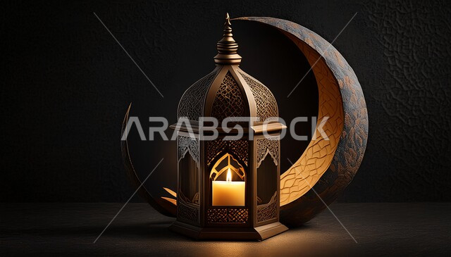 الاحتفال بالأعياد و المناسبات الدينية, التصاميم و الديكورات الرمضانية المميزة, الأجواء الروحانية في شهر الخير, زينة و أضواء على الطراز الإسلامي, البهجة بقدوم رمضان المبارك, فانوس معدني تقليدي مزخرف مع هلال, خلفية سوداء
