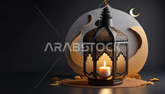 Spiritual atmosphere in the month of goodness, celebration of holidays and religious occasions, Islamic-style decorations and lights, joy at the arrival of the blessed Ramadan, traditional decorated metal lantern, distinctive Ramadan designs and decorations, black background