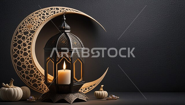 التصاميم و الديكورات الرمضانية المميزة, الأجواء الروحانية في شهر الخير, الاحتفال بالأعياد و المناسبات الدينية, زينة و أضواء على الطراز الإسلامي, البهجة بقدوم رمضان المبارك, فانوس معدني تقليدي مزخرف مع هلال, خلفية سوداء