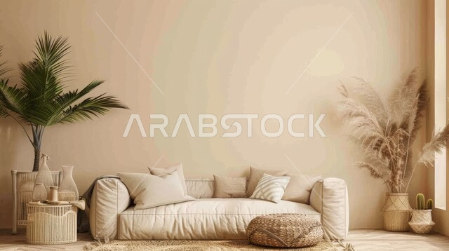 ديكور داخلي راقي للفلل والشقق السكنية في المملكة العربية السعودية، اكسسوارات وتحف عصرية، الاهتمام بنباتات الزينة، غرفة معيشة مع أثاث منزلي فاخر، التصاميم الداخلية لغرف الجلوس على الطراز الحديث