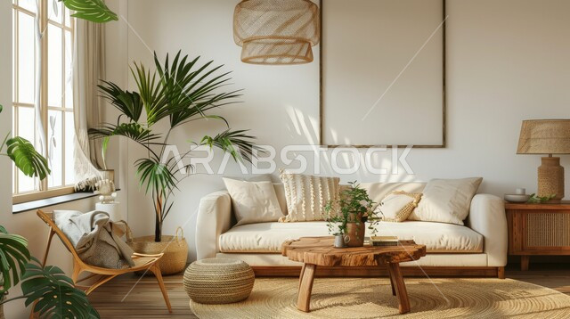 ديكور داخلي راقي للفلل والشقق السكنية في المملكة العربية السعودية، اكسسوارات وتحف عصرية، الاهتمام بنباتات الزينة، غرفة معيشة مع أثاث منزلي فاخر، التصاميم الداخلية لغرف الجلوس على الطراز الحديث