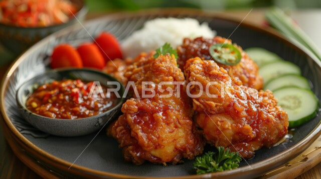 فنون التقديم في مطاعم المملكة العربية السعودية، وصفات وأكلات شرقية بنكهات متميزة، المأكولات العربية الشهية، صورة مقرّبة للدجاج المقلية, وجبات وأطباق الطعام