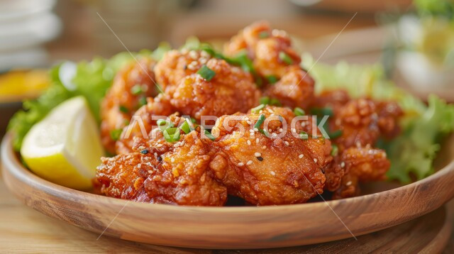 فنون التقديم في مطاعم المملكة العربية السعودية، وصفات وأكلات شرقية بنكهات متميزة، المأكولات العربية الشهية، صورة مقرّبة للدجاج المقلية, وجبات وأطباق الطعام