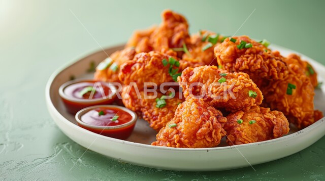 فنون التقديم في مطاعم المملكة العربية السعودية، وصفات وأكلات شرقية بنكهات متميزة، المأكولات العربية الشهية، صورة مقرّبة للدجاج المقلية, وجبات وأطباق الطعام