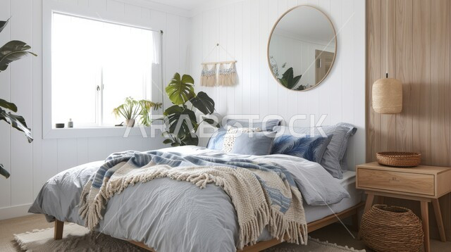 سرير كبير ومريح بتصميم حديث، اكسسوارات وتحف عصرية، الواجهات والنوافذ الكبيرة، غرفة نوم بتصاميم فاخرة، أثاث منزلي راقي، ديكورات منزلية داخلية، شقق وفلل سكنية في المملكة العربية السعودية، فنادق ومنتجعات فاخرة