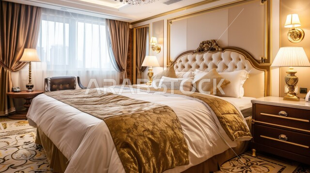 A large, comfortable bed with a modern design, modern accessories and antiques, large facades and windows, a bedroom with luxurious designs, upscale home furniture, interior home decor, residential apartments and villas in the Kingdom of Saudi Arabia, luxury hotels and resorts