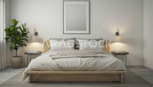 A large, comfortable bed with a modern design, modern accessories and antiques, large facades and windows, a bedroom with luxurious designs, upscale home furniture, interior home decor, residential apartments and villas in the Kingdom of Saudi Arabia, luxury hotels and resorts