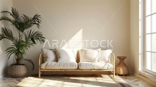 ديكور داخلي راقي للفلل والشقق السكنية في المملكة العربية السعودية، اكسسوارات وتحف عصرية، الاهتمام بنباتات الزينة، غرفة معيشة مع أثاث منزلي فاخر، التصاميم الداخلية لغرف الجلوس على الطراز الحديث