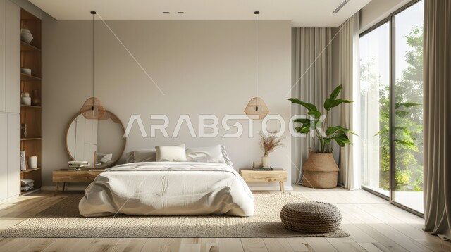 منتجعات وفنادق فاخرة، فلل وشقق سكنية في المملكة العربية السعودية، تصاميم منزلية داخلية، أثاث منزلي راقي، غرفة نوم بديكورات فاخرة، سرير كبير ومريح بتصميم حديث، اكسسوارات وتحف عصرية، الواجهات والنوافذ الكبيرة