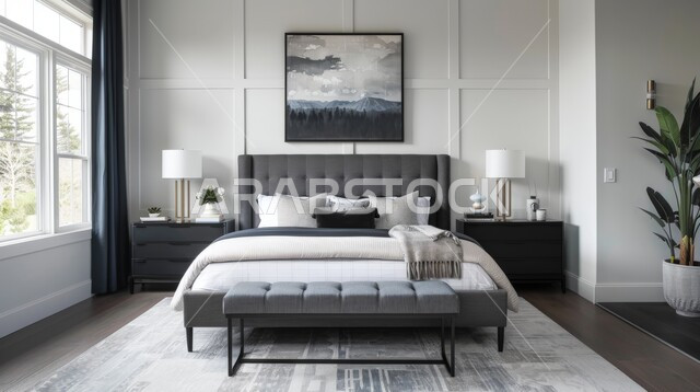 تحف واكسسوارات عصرية، الواجهات والنوافذ الكبيرة، سرير كبير ومريح بتصميم حديث، غرفة نوم بتصاميم فاخرة، أثاث منزلي راقي، ديكورات منزلية داخلية، شقق وفلل سكنية في المملكة العربية السعودية، فنادق ومنتجعات فاخرة