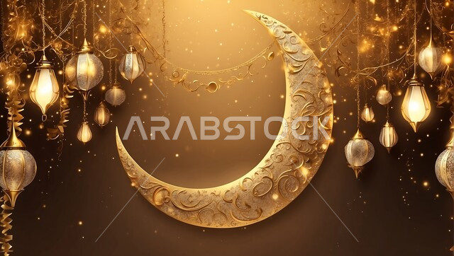  زينة وأنوار رمضانية، الشوارع والطرقات المعبدة المزينة بالأضواء ليلا، صورة مقربة للفوانيس المعلقة المضيئةعلى شكل هلال، الاحتفال بالمناسبات والأعياد الدينية الإسلامية، الاماكن والمعالم السياحية المشهورة في المملكة العربية السعودية 