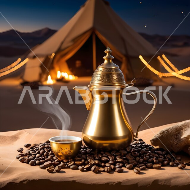 Providing hot drinks, a popular bar session in the desert of the Kingdom, for the generosity, hospitality and reception of the Arabs, fresh coffee beans, local national products and crops, following Saudi customs and traditions, a copper coffee pot with a cup.