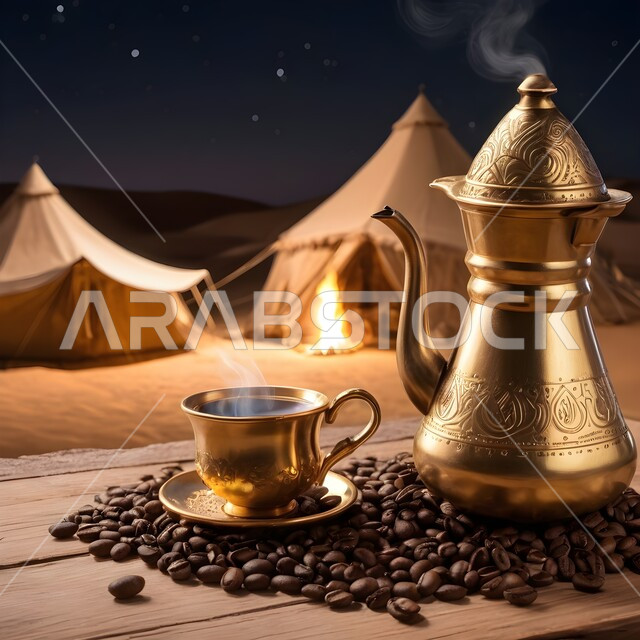  منتجات ومحاصيل وطنية محلية، اتباع العادات والتقاليد السعودية، تقديم المشروبات الساخنة، جلسة بر شعبية في صحراء المملكة، الكرم وحسن الضيافة والإستقبال عند العرب، حبوب البن الطازجة،  دله قهوة نحاسية مع فنجان