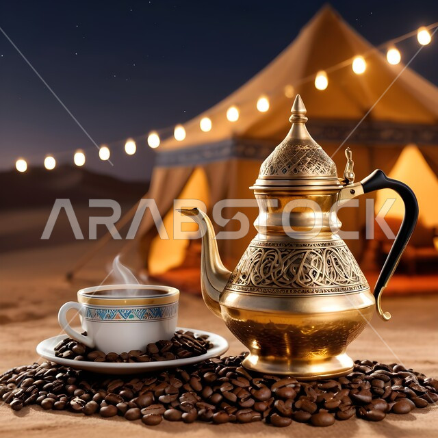 جلسة بر شعبية في صحراء المملكة، تقديم المشروبات الساخنة، الكرم وحسن الضيافة والإستقبال عند العرب، حبوب البن الطازجة، منتجات ومحاصيل وطنية محلية، اتباع العادات والتقاليد السعودية، دله قهوة نحاسية مع فنجان