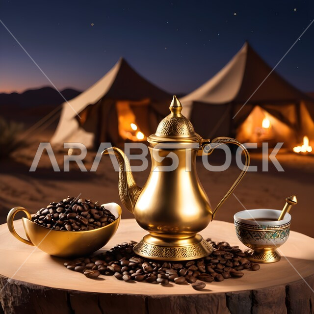  اتباع العادات والتقاليد السعودية، تقديم المشروبات الساخنة، جلسة بر شعبية في صحراء المملكة، الكرم وحسن الضيافة والإستقبال عند العرب، حبوب البن الطازجة، منتجات ومحاصيل وطنية محلية، دله قهوة نحاسية مع فنجان