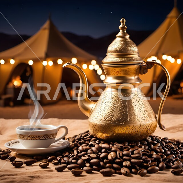  منتجات ومحاصيل وطنية محلية، اتباع العادات والتقاليد السعودية، تقديم المشروبات الساخنة، جلسة بر شعبية في صحراء المملكة، الكرم وحسن الضيافة والإستقبال عند العرب، حبوب البن الطازجة،  دله قهوة نحاسية مع فنجان