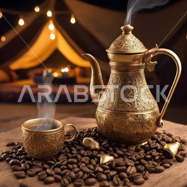 دله قهوة نحاسية مع فنجان، منتجات ومحاصيل وطنية محلية، اتباع العادات والتقاليد السعودية، تقديم المشروبات الساخنة، جلسة بر شعبية في صحراء المملكة، الكرم وحسن الضيافة والإستقبال عند العرب، حبوب البن الطازجة  