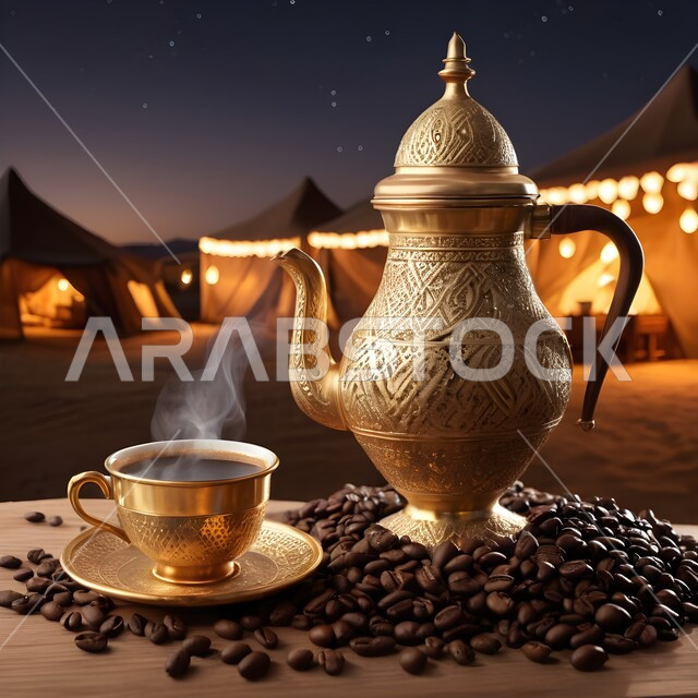  منتجات ومحاصيل وطنية محلية، اتباع العادات والتقاليد السعودية، تقديم المشروبات الساخنة، جلسة بر شعبية في صحراء المملكة، الكرم وحسن الضيافة والإستقبال عند العرب، حبوب البن الطازجة،  دله قهوة نحاسية مع فنجان
