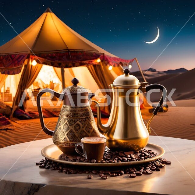 حبوب البن الطازجة، دله قهوة نحاسية مع فنجان، منتجات ومحاصيل وطنية محلية، اتباع العادات والتقاليد السعودية، تقديم المشروبات الساخنة، جلسة بر شعبية في صحراء المملكة، الكرم وحسن الضيافة والإستقبال عند العرب 