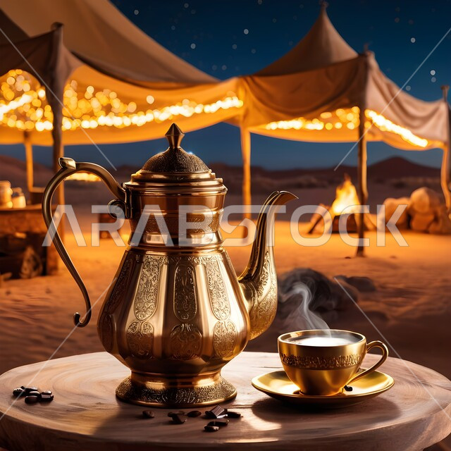  اتباع العادات والتقاليد السعودية، تقديم المشروبات الساخنة، جلسة بر شعبية في صحراء المملكة، الكرم وحسن الضيافة والإستقبال عند العرب، حبوب البن الطازجة، منتجات ومحاصيل وطنية محلية، دله قهوة نحاسية مع فنجان