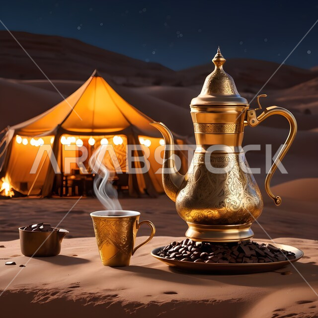 دله قهوة نحاسية مع فنجان، منتجات ومحاصيل وطنية محلية، اتباع العادات والتقاليد السعودية، تقديم المشروبات الساخنة، جلسة بر شعبية في صحراء المملكة، الكرم وحسن الضيافة والإستقبال عند العرب، حبوب البن الطازجة  