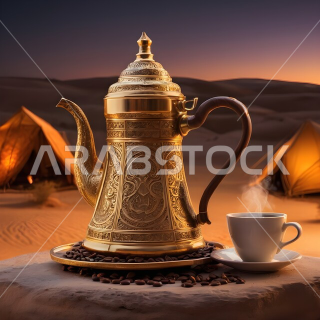 Fresh coffee beans, a copper coffee pot with a cup, local national products and crops, following Saudi customs and traditions, serving hot drinks, a popular bar session in the desert of the Kingdom, generosity, hospitality and reception among the Arabs.