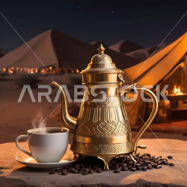  منتجات ومحاصيل وطنية محلية، اتباع العادات والتقاليد السعودية، تقديم المشروبات الساخنة، جلسة بر شعبية في صحراء المملكة، الكرم وحسن الضيافة والإستقبال عند العرب، حبوب البن الطازجة،  دله قهوة نحاسية مع فنجان