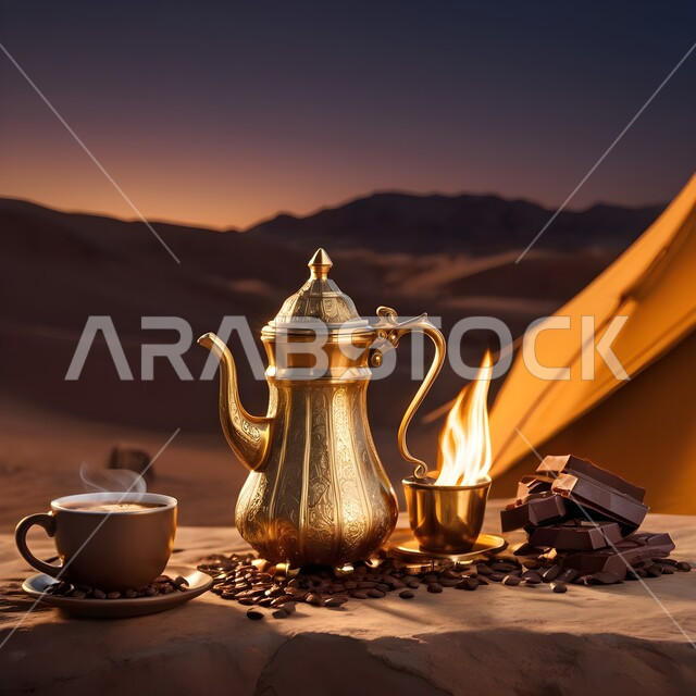  اتباع العادات والتقاليد السعودية، تقديم المشروبات الساخنة، جلسة بر شعبية في صحراء المملكة، الكرم وحسن الضيافة والإستقبال عند العرب، حبوب البن الطازجة، منتجات ومحاصيل وطنية محلية، دله قهوة نحاسية مع فنجان