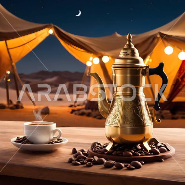 تقديم المشروبات الساخنةا، جلسة بر شعبية في صحراء المملكة، لكرم وحسن الضيافة والإستقبال عند العرب، حبوب البن الطازجة، منتجات ومحاصيل وطنية محلية، اتباع العادات والتقاليد السعودية، دله قهوة نحاسية مع فنجان