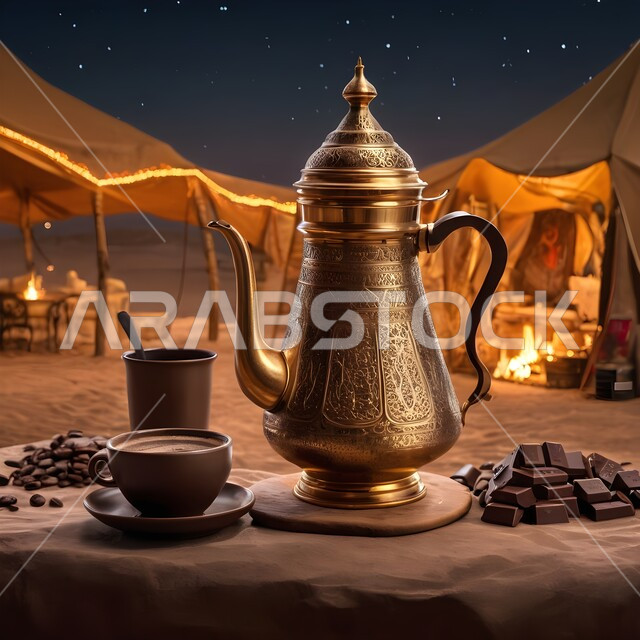 جلسة بر شعبية في صحراء المملكة، تقديم المشروبات الساخنة، الكرم وحسن الضيافة والإستقبال عند العرب، حبوب البن الطازجة، منتجات ومحاصيل وطنية محلية، اتباع العادات والتقاليد السعودية، دله قهوة نحاسية مع فنجان