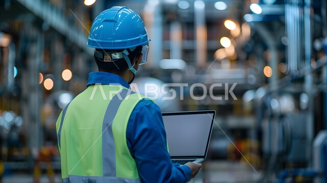 Integrating modern technology into engineering work, working in the engineering sector, Saudi professions and jobs, a picture from the back of a Saudi Gulf Arab engineer wearing a protective jacket and helmet, carrying a laptop and monitoring the progress of work in the factory