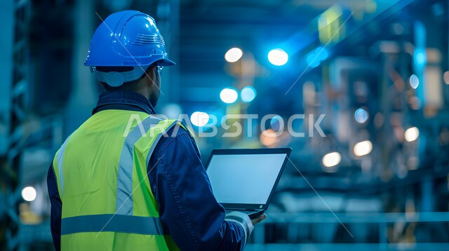 العمل في القطاع الهندسي, مهن و وظائف سعودية, دمج التكنولوجيا الحديثة بالأعمال الهندسية, صورة من الخلف لمهندس عربي خليجي سعودي يرتدي سترة و خوذة الحماية يحمل جهاز الحاسوب المحمول و يقوم بمتابعة سير العمل في المصنع