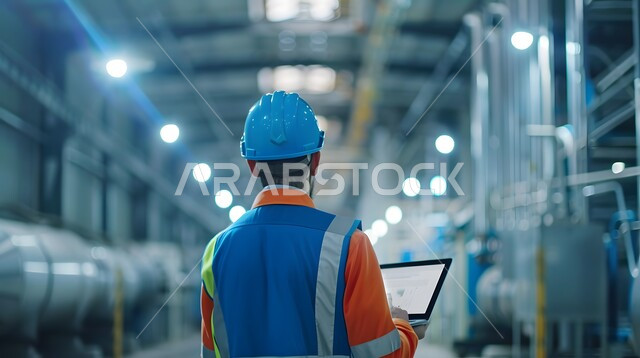 مهن و وظائف سعودية, العمل في القطاع الهندسي, دمج التكنولوجيا الحديثة بالأعمال الهندسية, صورة من الخلف لمهندس عربي خليجي سعودي يرتدي سترة و خوذة الحماية يحمل جهاز الحاسوب المحمول و يقوم بمتابعة سير العمل في المصنع