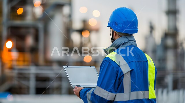 The use of modern technical devices in engineering work, Saudi professions and jobs, a picture from the back of a Saudi Gulf Arab engineer wearing a protective jacket and helmet, holding a laptop computer in his hands, monitoring the progress of work in the factory, working in the engineering sector